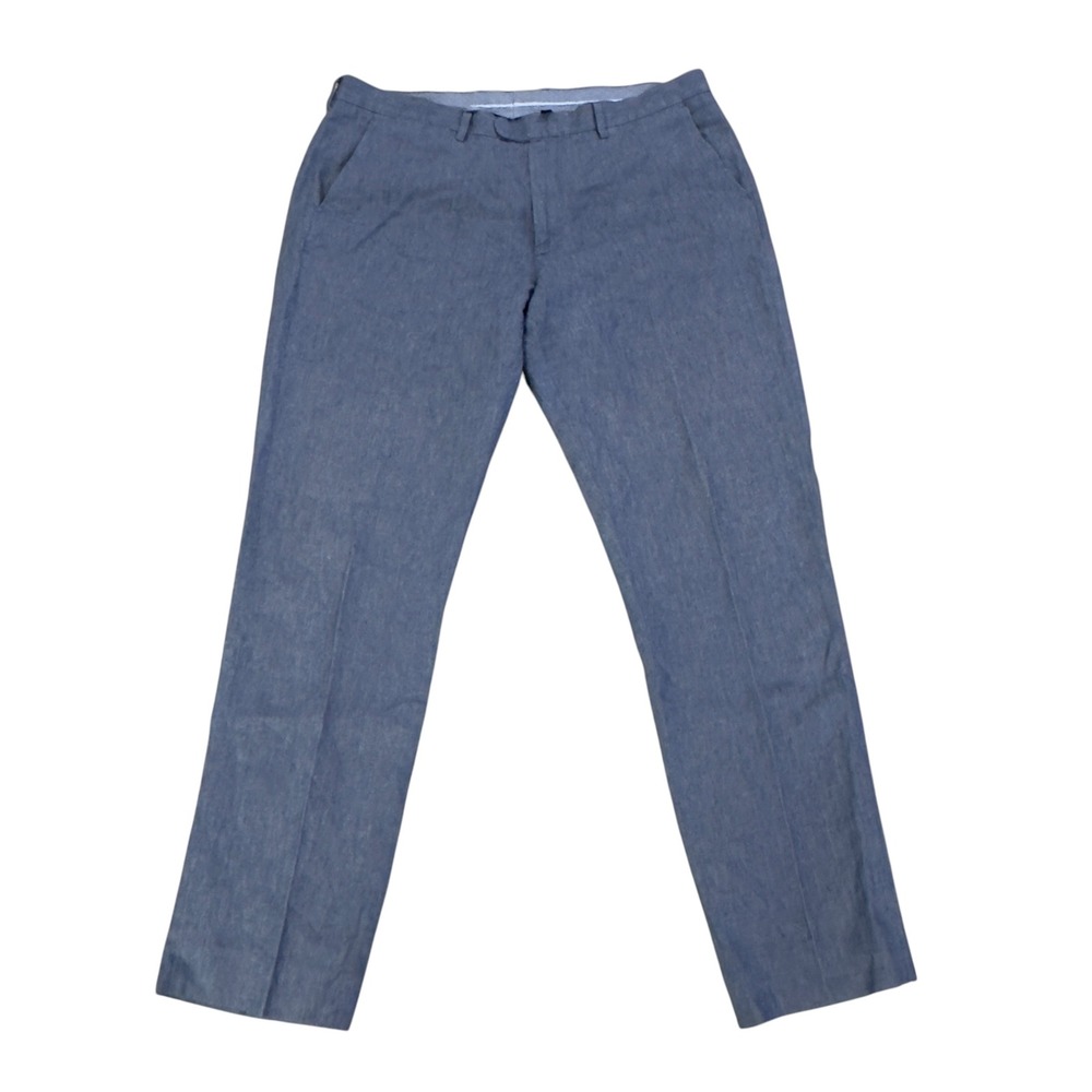 J.Crew Men's Sz 36x32 Blue Herringbone Bowery Baird McNutt Irish Linen Pants euc